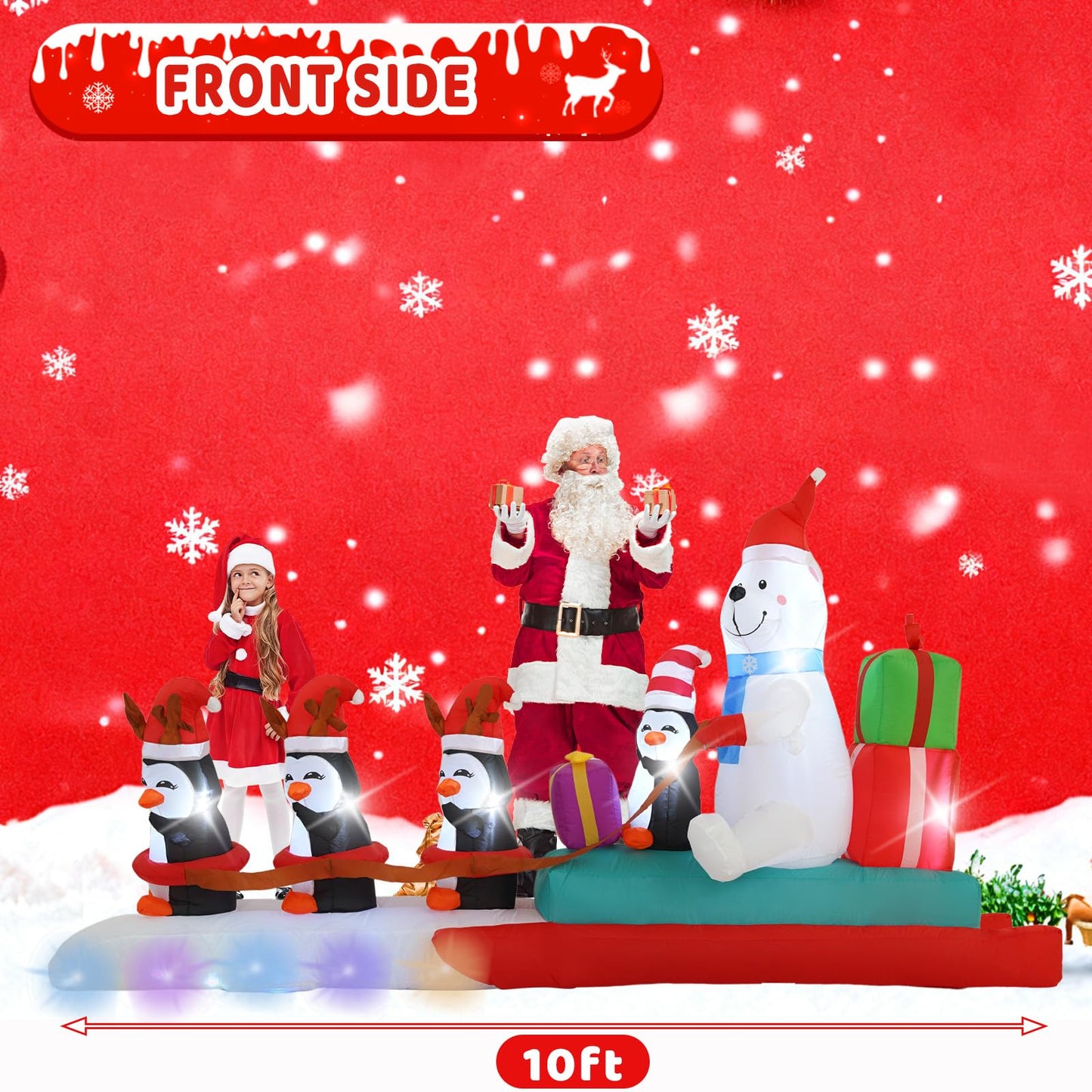 HZGDEJTG 10FT Penguin Pulling a Polar Bear On a Sleigh Christmas Outdoor Inflatable Decoration, Built-in LED Lights and Flashing Lights, Suitable for Christmas Lawns, Gardens, and Courtyards