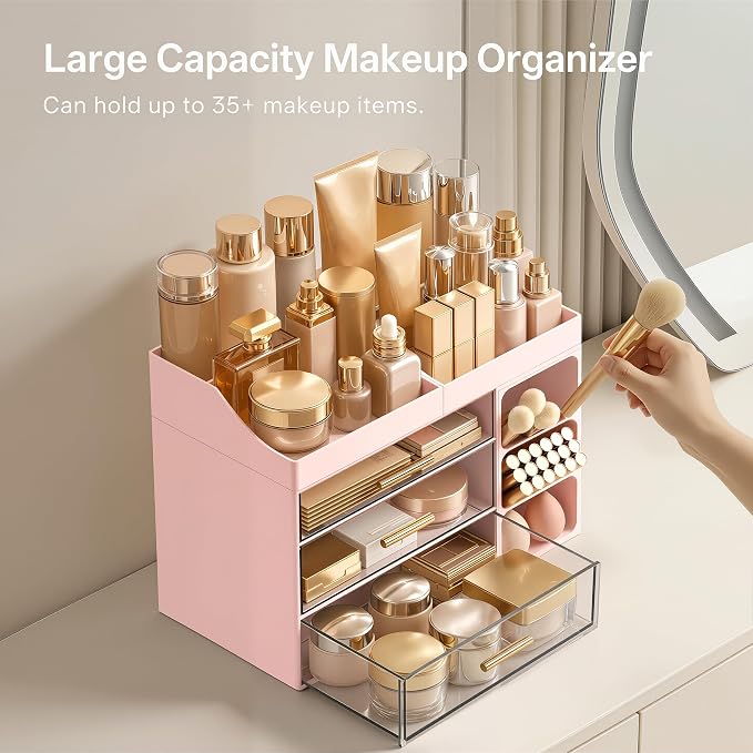 HBlife Makeup Organizer Countertop with Brush Holder,Large Bathroom Counter Organizer with Drawers,Skincare Organizers for Vanity,Plastic Dresser Organizer Storage Gift for Women Girl Mom,Pink
