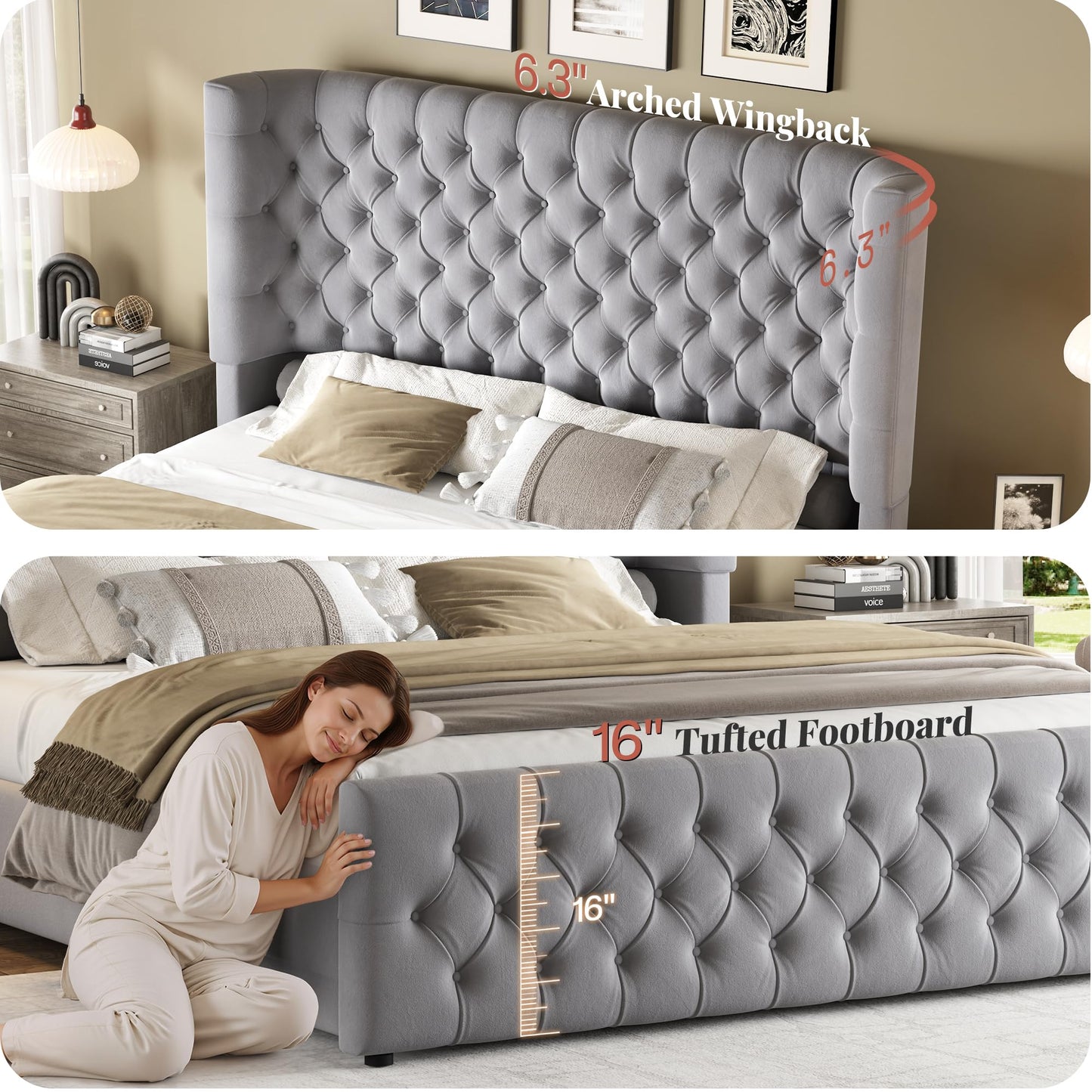 Jocisland Queen Size Platform Bed Frame, 6.3" Thick Upholstered Curved Wingback Headboard and Footboard with Deep Button Tufted, Easy Assembly, No Box Spring Needed, Light Grey Velvet