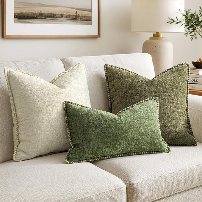 MIULEE Pack of 2 Lumbar Throw Pillow Covers 12x20 Inch Sage Green Farmhouse Decorative Pillow Covers with Stitched Edge Soft Chenille Solid Dyed Summer Pillow Covers for Couch Sofa Bed Living Room
