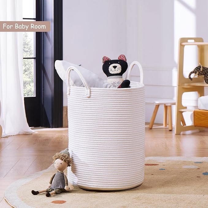 60L Pure White Woven Hamper Laundry Basket Cotton Rope Blanket Basket for Living Room 15Dx20H inches Tall Clothes Hamper for Baby Nursery Kids in Bedroom Large