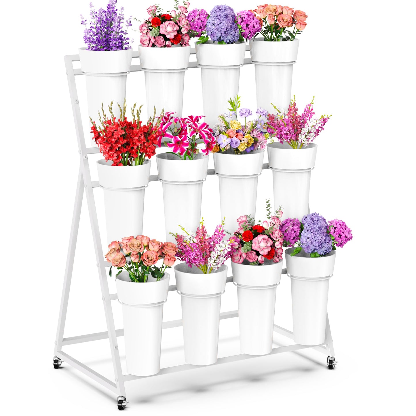 Asee'm Flower Display Stand with Buckets, 3 Layer Metal Flower Bar Stand, Heavy Duty Flowers Cart Display with Wheels Moving Plant Bouquet Shelf for Indoor Outdoor Patio Decor Terrace Wedding White