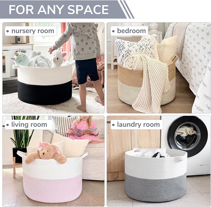 INDRESSME XXXLarge Cotton Rope Basket 21.7" x 21.7" x 13.8" Woven Baby Laundry Baskets Blanket Basket Toy Baskets with Handle Storage Comforter Cushions Navy Laundry Hamper