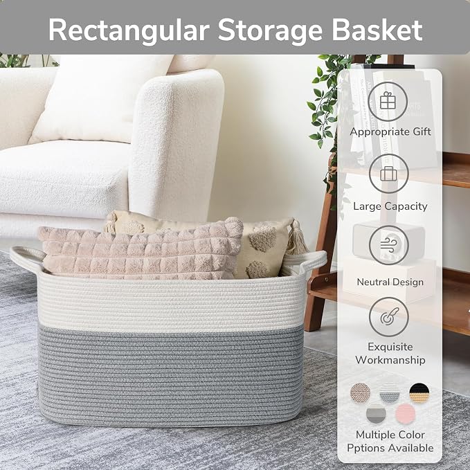 Goodpick Large Toy Storage Basket, Grey Cotton Rope Baskets Toy Storage Bin for Baby, Kids, Woven Storage Basket with Handle for Laundry, Living Room, Nursery, Bedroom, 21.6" x 14.9" x 11.8"