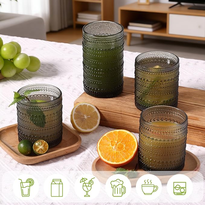 Moretoes Hobnail Drinking Glasses, 12 Piece Gray Water Glass Cups, Mixed Vintage Glassware Set, 6pcs 12oz Highballs and 6pcs 10oz Old Fashioned Glasses, Great for Cocktail, Whisky and Other Beverages