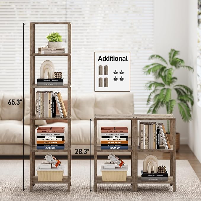 TUTOTAK Bookshelf, 6-Tier Tall Book Shelf, Narrow Bookcase for Small Space, DIY Stackable Bookshelf, for Living Room, Office, Study, Entryway, Industrial, Pure Greige BS01BG006G