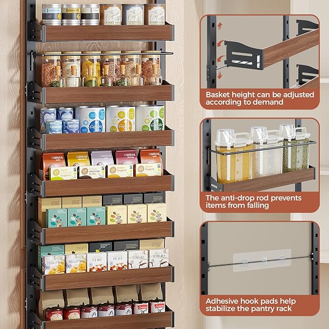 8-Tier Pantry Door Organizer, Over the Door Pantry Organizer with Wooden Adjustable Baskets, 2 IN 1 Spice Rack Wall Mount or Door Organizer, Door Spice Rack for Pantry（72.6×17.1×5.1in,Black)