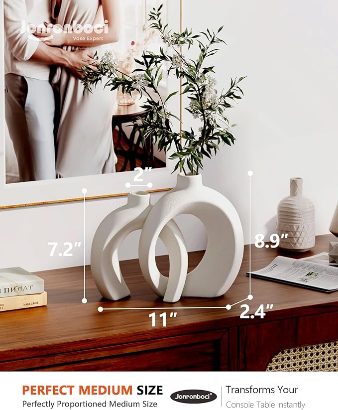 7.2″Hx8.9″H Donut Shape Decorative Vase Set of 2, Ceramic, Modern Minimalism Styles, Flowers or Plant Table Vases for Home Decor Living Room Shelf Entry Console Mantle Dining Centerpiece (Matte White)