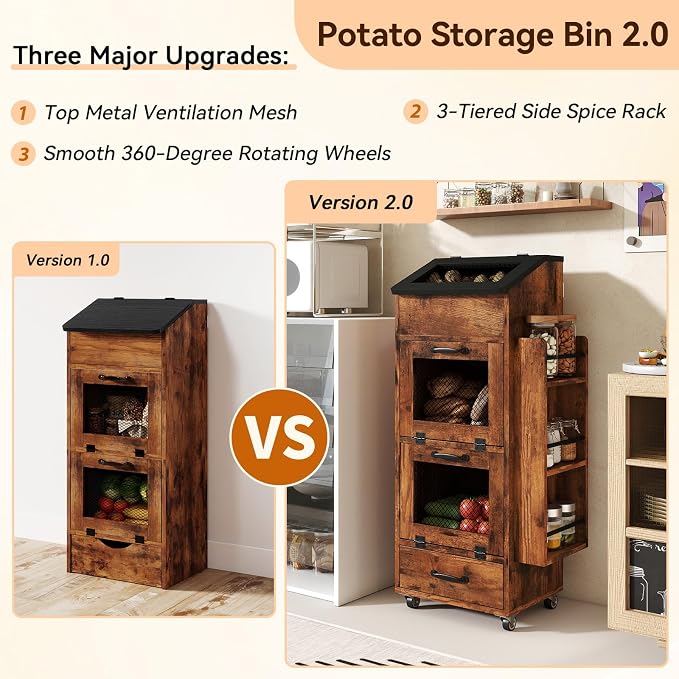 Verano Garden Potato and Onion Storage Bin on Wheels, Wood Bread Box with Lid & Mesh Doors, 4-Tier Rolling Fruit and Vegetable Storage Organizer w/Drawer & Side Rack for Kitchen (Rustic Brown, 16.0")