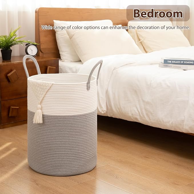 OIAHOMY Large Laundry Basket Hamper - 100L Cotton Rope Woven Basket for Blankets, Toys, Clothes - Tall Decorative Nursery Hamper with Long Handles, Grey/White