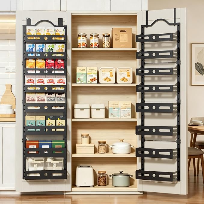 8-Tier Pantry Door Organizer, 2 IN 1 Wall Mount or Over The Door Pantry Organizer, Door Spice Rack with Adjustable Baskets, Over Door Organizer for Kitchen (12.4"W x 5.5"D x 66.1"H,1 Pack, Black)