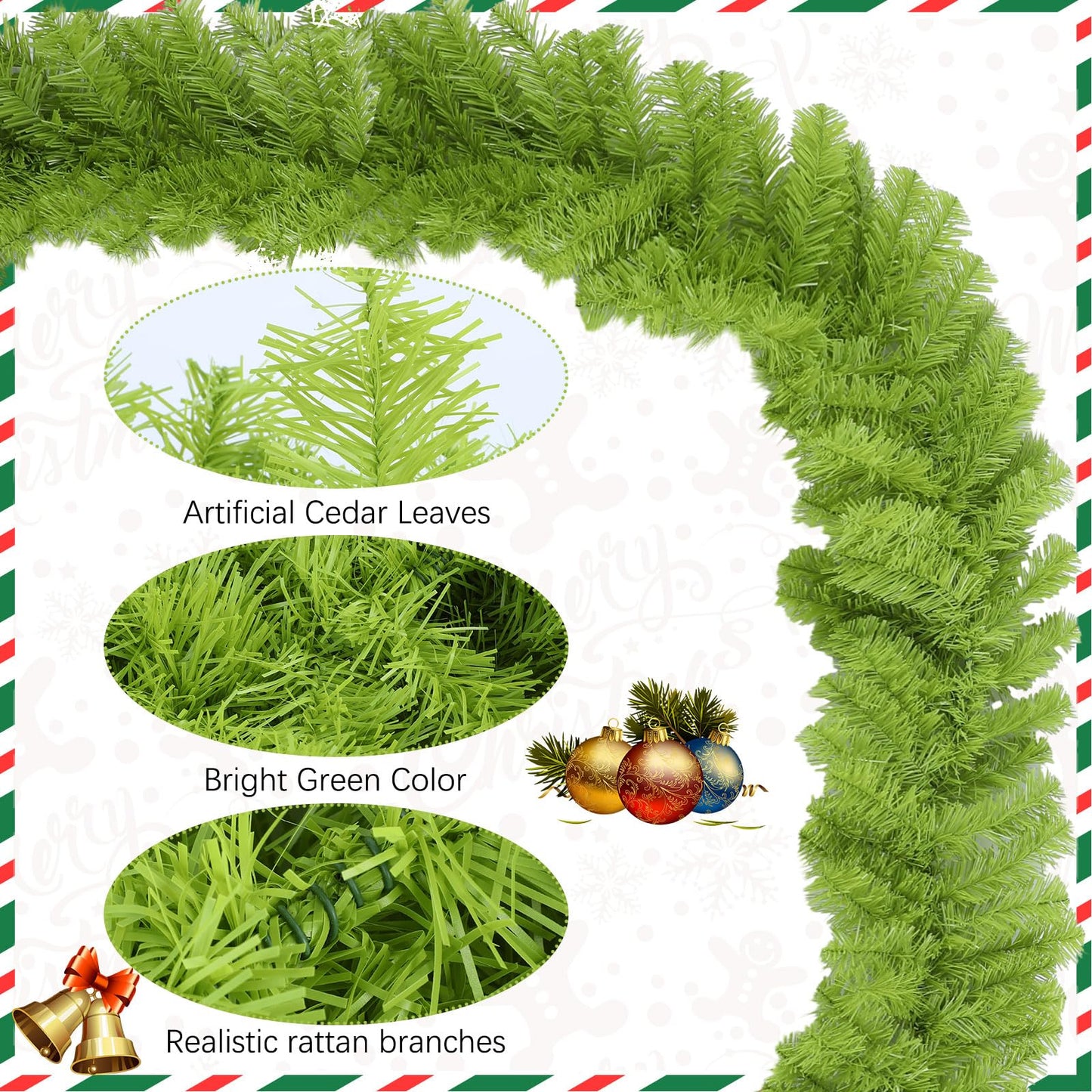 Solsew 12 ft Bright Green Whimsical Christmas Garland Holiday Garlands Indoor Outdoor Christmas Greenery Garland Decoration for Stairs Fireplace Railing Mantel Front Door Porch(Not Include Ball, Bow)