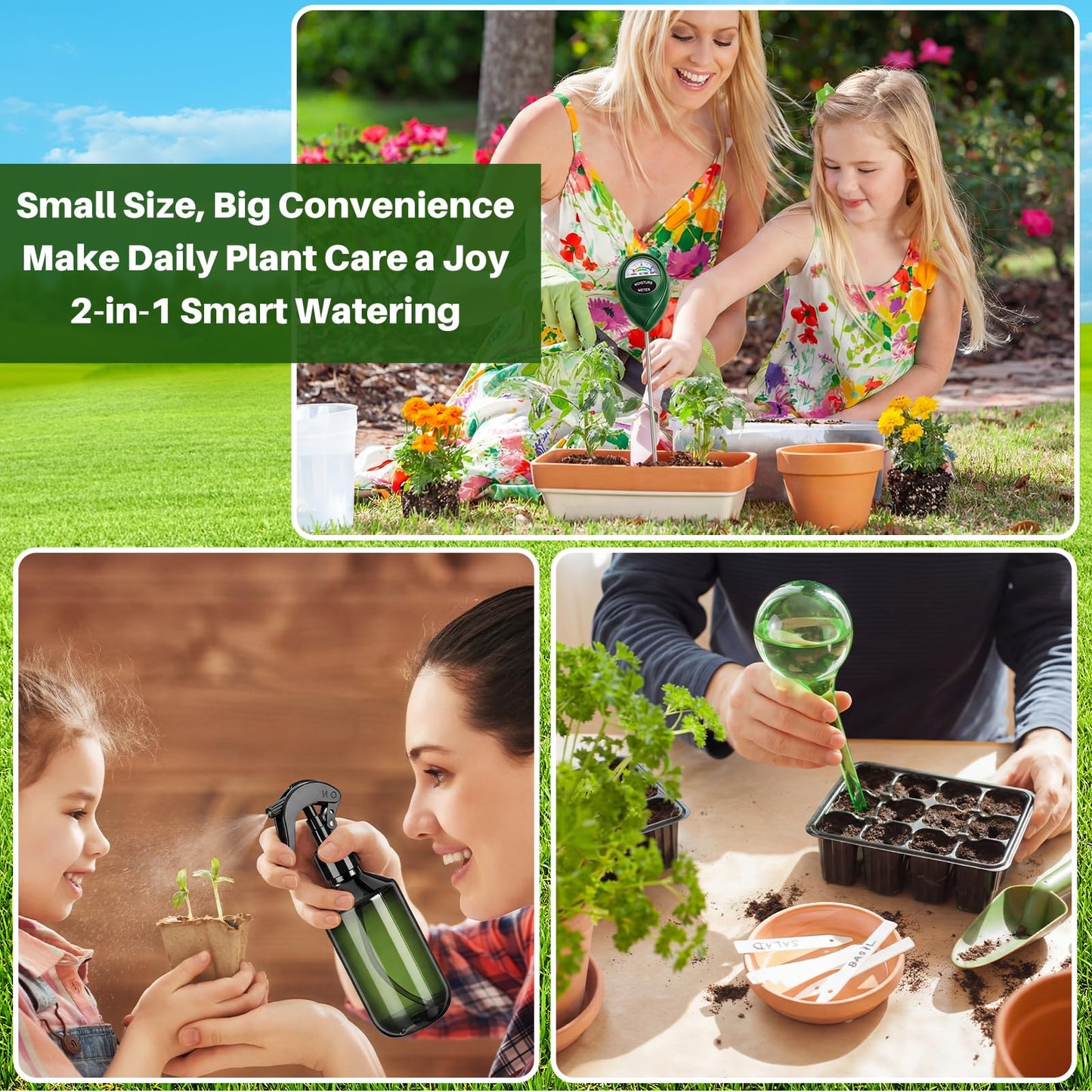 Reallnaive 6-piece Indoor Watering Can Set – 1 Gal Can, 6.8 oz Spray, 15 oz Squeeze, Plant Watering Globes & Soil Moisture Meter, Indoor & Outdoor Plant Care(Army Green)