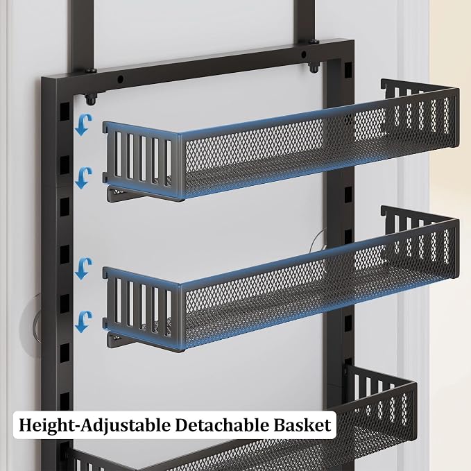 Over the Door Pantry Organizer, 8-Tier Over the Door Spice Rack with Adjustable Baskets, Wall-Mounted or Hanging Shelves for Kitchen, Laundry Room, Bathroom(Black, 19.3"W x 5.2"D x 72.6"H)