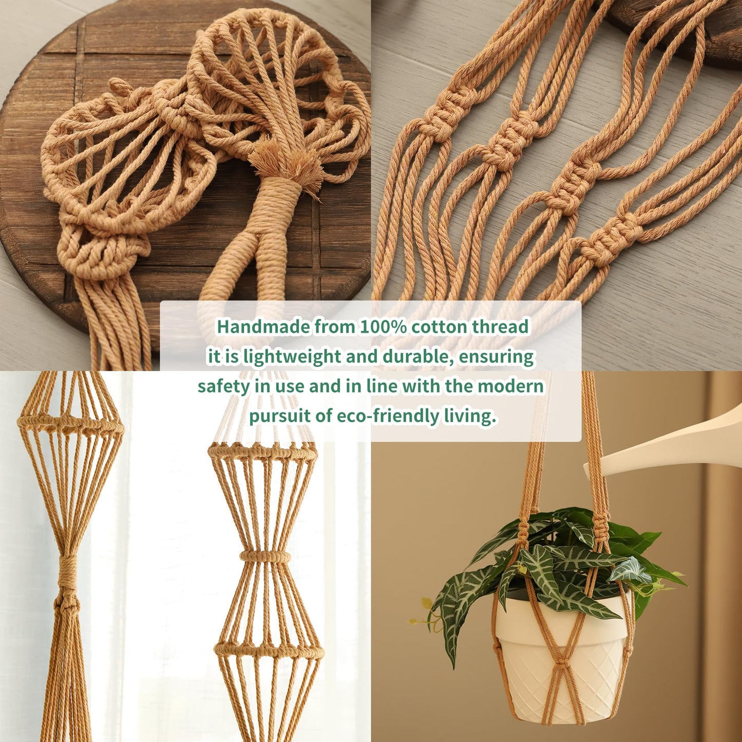 Hourglass Floating Macrame Plant Hangers 2 Pack Handmade Cotton Rope Hanging Planters Basket with S Hooks, Diamond Openwork Boho Home Decor for Indoor Outdoor, Plants Holder 35" & 39” (Caramel)