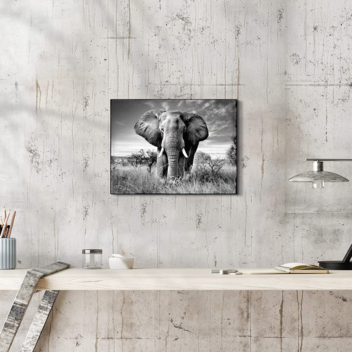 SunFlax Wild Elephant Canvas Wall Art: African Animals Picture Safari Landscape Painting Modern Artwork Black and White Print for Living Room Bedroom Bathroom Ready to Hang