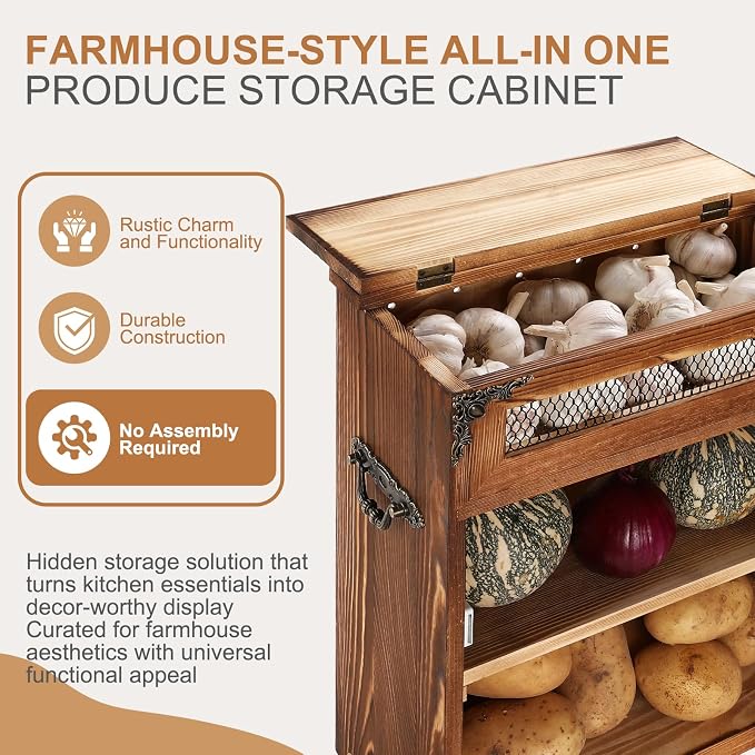 Mini Potato and Onion Storage Bin - Wooden Storage Box for Kitchen Countertops, Vegetable Storage Bins, 12.2" W x 6.5" D x 16" H (Rustic Color)