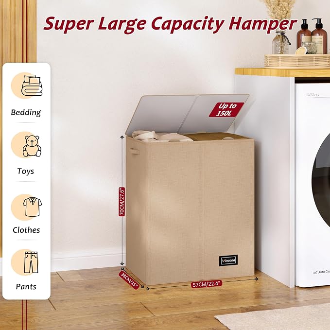 150L Laundry Hamper 2 Section, Large Laundry Hamper with Lid, Dirty Clothes Hamper with 2 Removable Inner Bags, Collapsible Laundry Basket Organizer for for Clothes Toys Towels, Hamper 2 Compartment