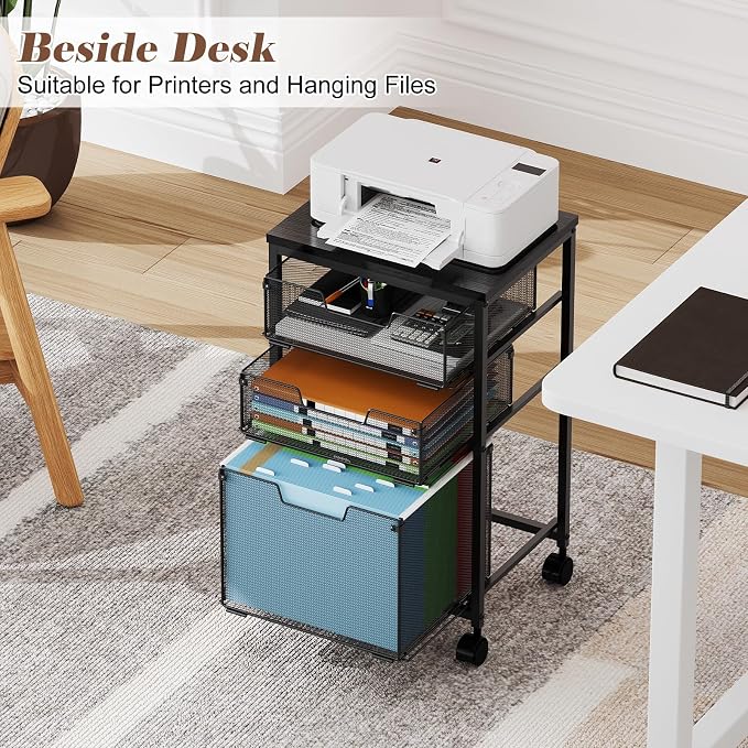Sbanmao Rolling File Cart with 3 Drawers, Filing Cabinet, Hanging Folder Holder Organizer with Wheels, Under Desk Storage Utility Cart, File Cabinet Printer Stand for Home Office, Black
