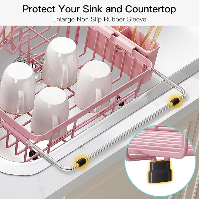 JASIWAY Pink Expandable Stainless Steel Dish Drying Rack Over The Sink for Small Kitchen, Counter Space Saving Compact Plate Drainer Strainer, Adjustable Hanging Metal Dish Dryer with Utensil Holder
