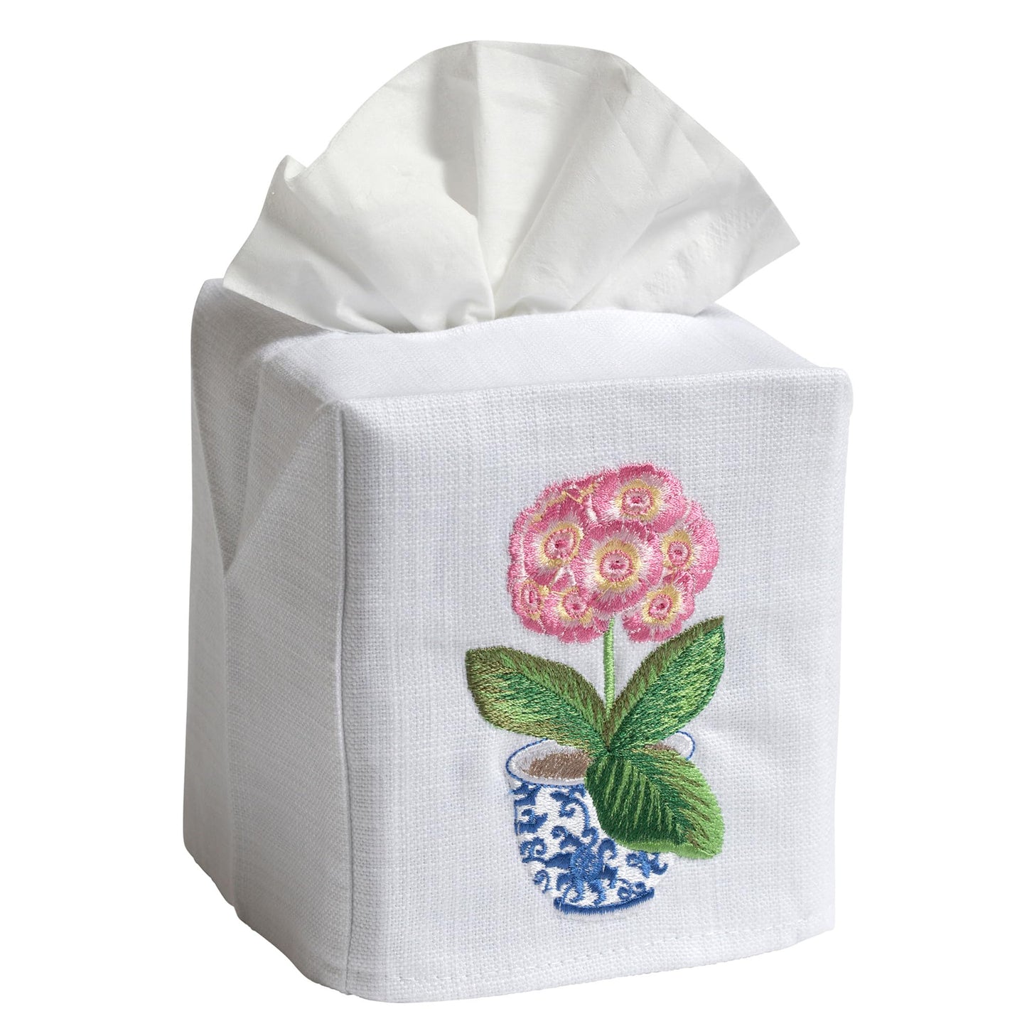 Jacaranda Living Square Tissue Box Cover, Linen/Cotton Fabric Tissue Holder, Decorative Cloth Tissue Cube Cover, Cover, Botanical Designs, Potted Primrose (Pink)