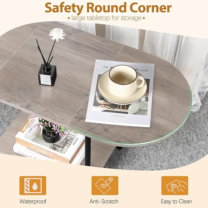 Small Coffee Table,35.4'' Oval Coffee Table with Storage Shelf & Metal Frame,Low Cocktail Tea Accent Table for Apartment,Modern Mid Century Small Living Room Table,Rustic Grey