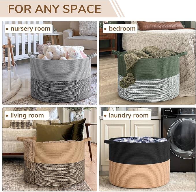 INDRESSME 115L Extra Large Cotton Rope Blanket Basket for Nursery, Boho Decor Baby Laundry Baskets for Kids Toy Organizer Storage Bin for Dirty Clothes Pillows Towel, Black & Camel