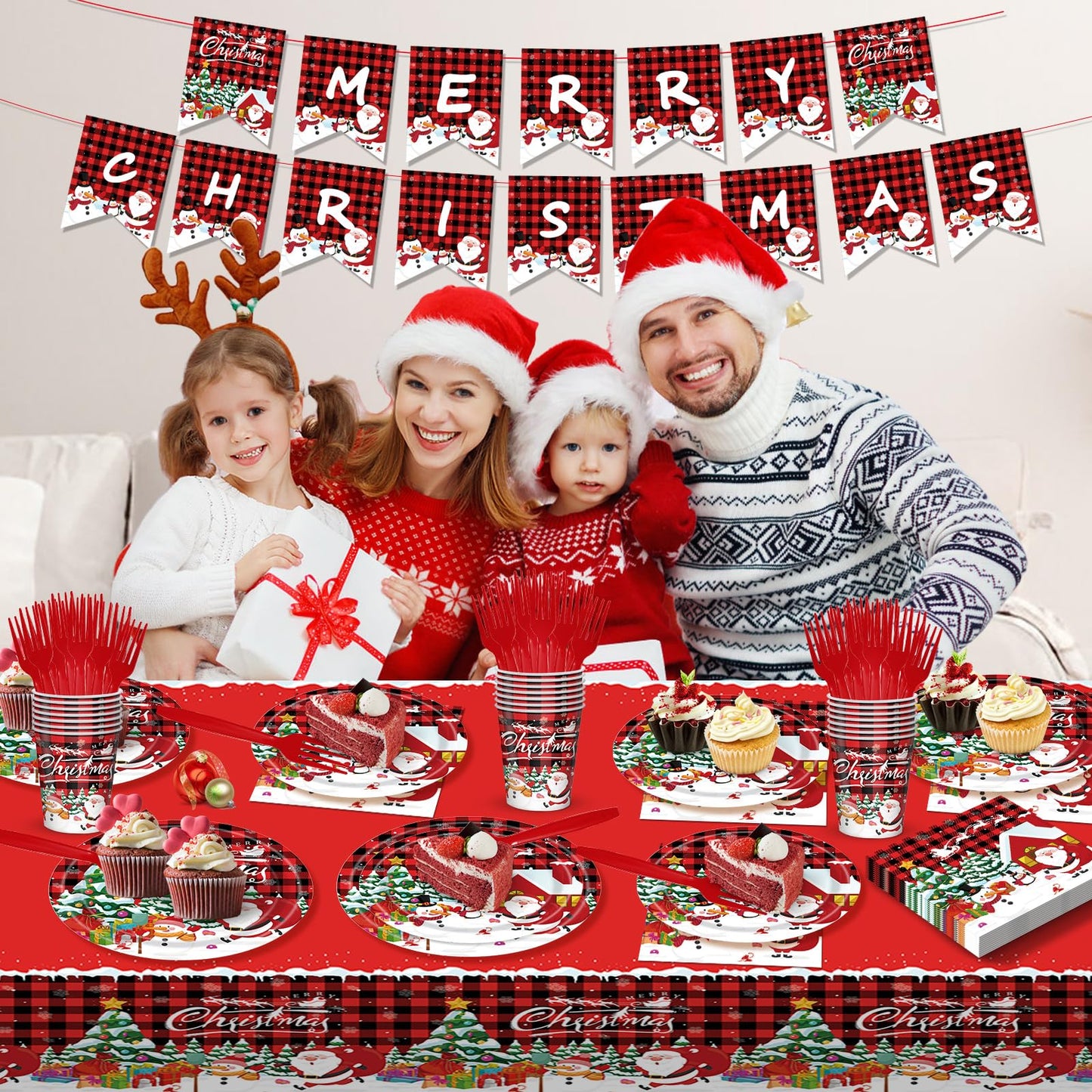 AWLZJZQA 122 PCS Christmas Party Supplies Serve 24 Guests Merry Christmas Plates and Napkins Party Decorations Disposable Dinnerware Decor Snowman Santa Claus Red Grid