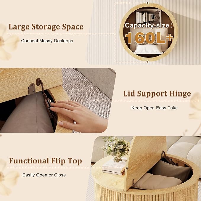 LYNCOHOME 31.5'' Fluted Flip Top Round Coffee Table with Storage, Circle Coffee Table, Modern Coffee Table for Living Room, Center Table for Living Room, Home Office, Light Oak, Natural