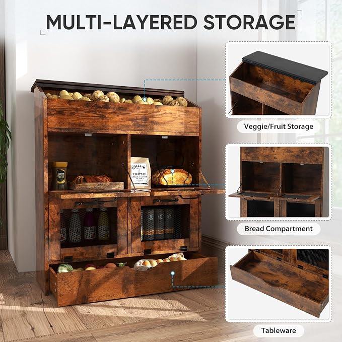 Verano Garden Large Potato Storage Bin, Wooden Bread Box with Lid, Potato and Onion Storage Bin with 4 Mesh Doors & Removable Drawer, Kitchen Fruit and Vegetable Storage Cabinet(Rustic Brown, 31.5")