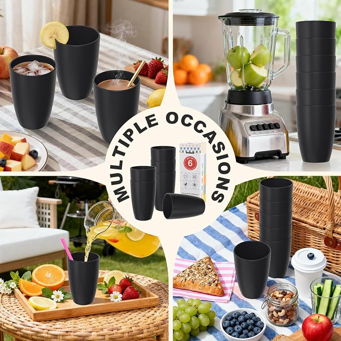 Wheat Straw Large Cup Set of 6, Unbreakable 20 OZ Tumbler, Alternative to Plastic Reusable Cups for Kitchen & Outdoor, Stackable Drinking Glasses, Dishwasher Safe Cup Set, Black