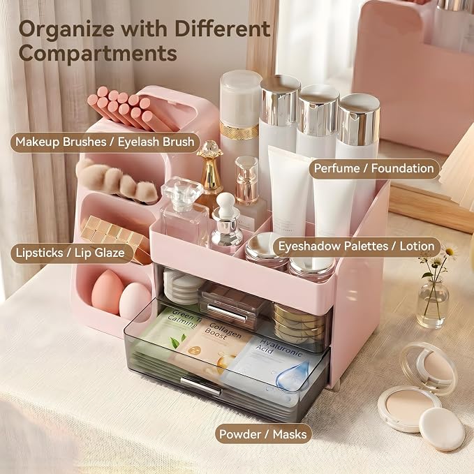 Brothersbox Makeup Organizer with Brush Holder for Vanity, Large Countertop Skincare Storage with 2 Drawers, Holds Lipsticks, Nail Polishes, Perfumes, Brushes - Gift for Women, Pink