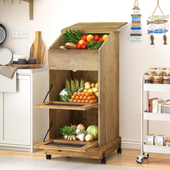 Potato and Onion Storage Bin with Wheels, 3 Tier Wooden Potato Storage Cabinets with Mesh Doors, Farmhouse Movable Fruit and Vegetable Box, Wood Bread Box for Kitchen (Brown)