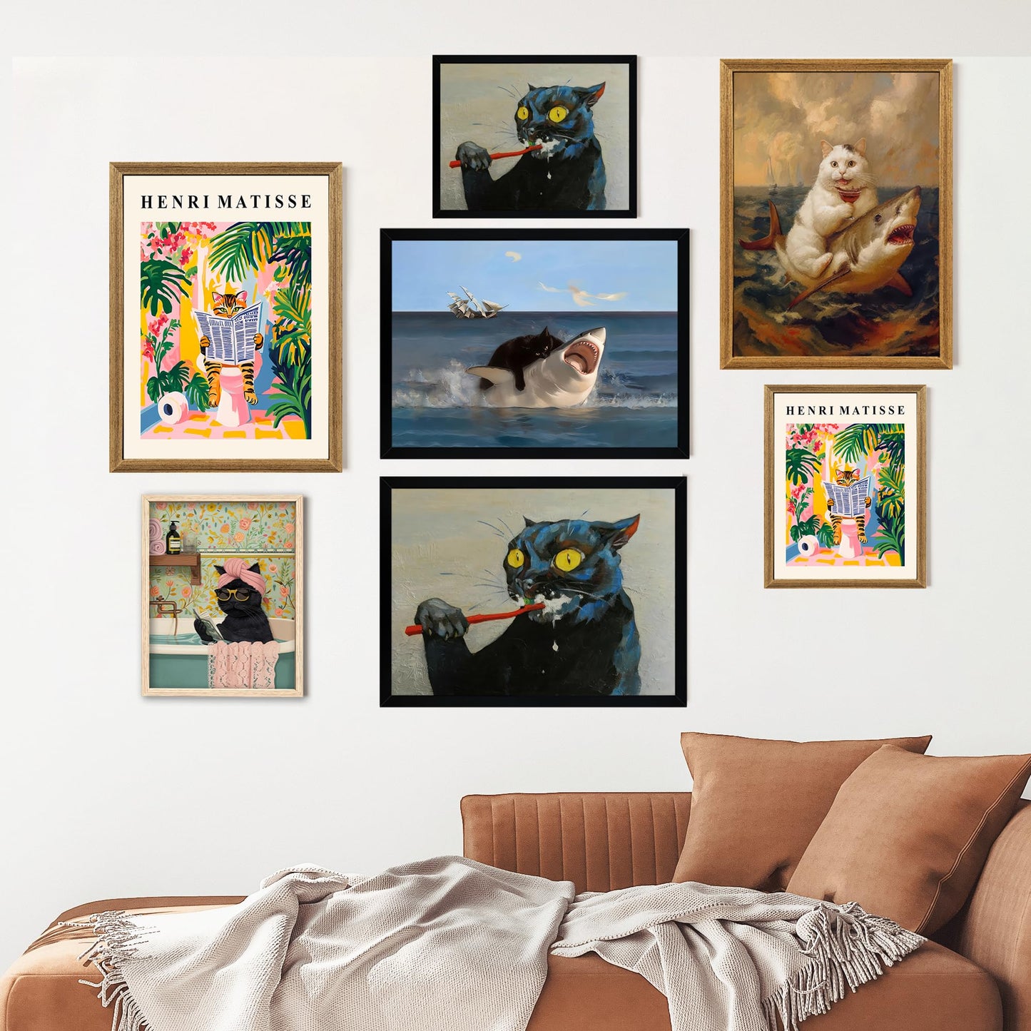 ICHZUMW Funny Black Cat Bathroom Wall Art Decor, Quirky Framed Canvas Print Painting of Cat Brushing Teeth, Humorous Animal Pictures Wall Decoration, Modern Home Artwork, Restroom Powder Room, 8x10in
