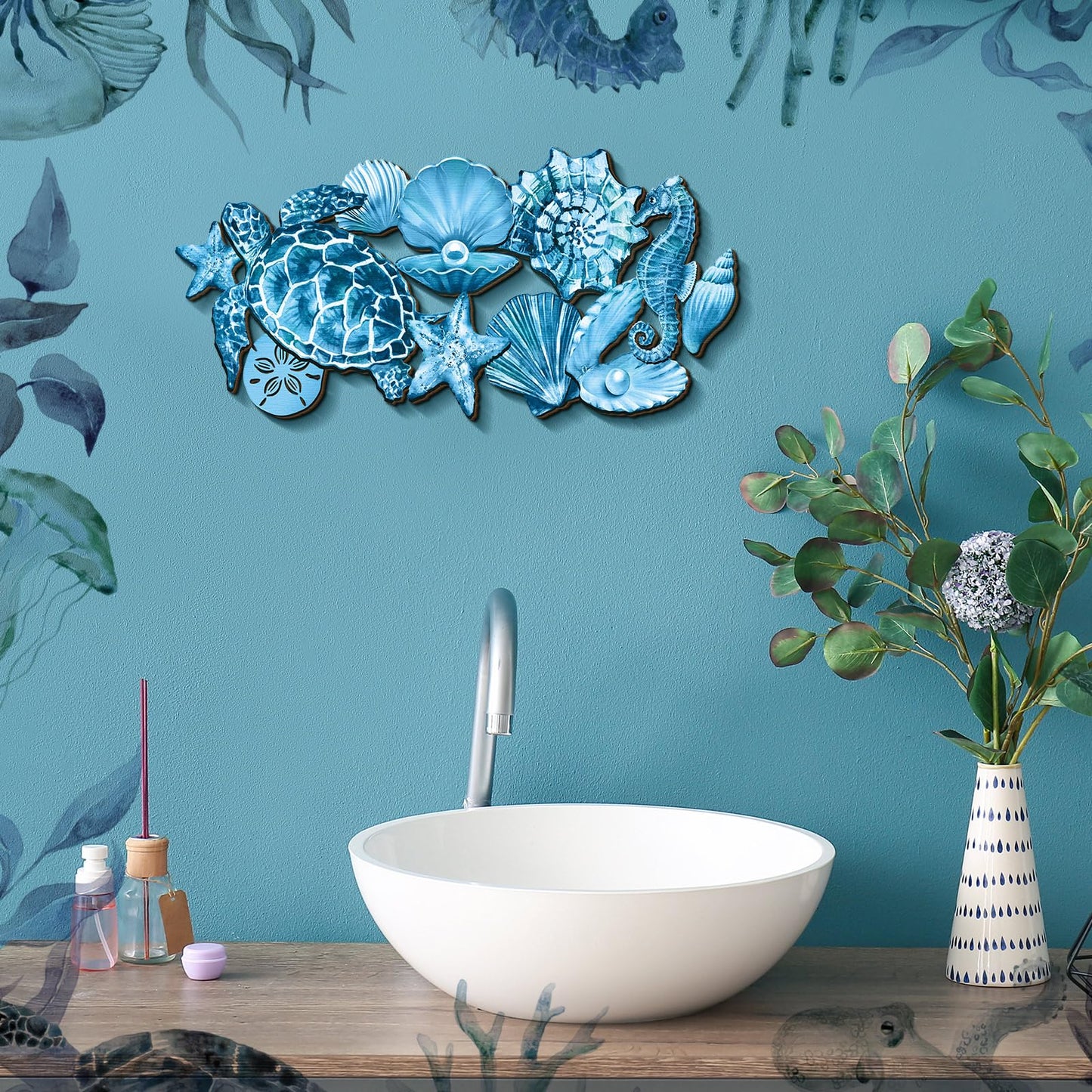 Qunclay Summer Ocean Themed Wall Decorations Sea Horse Shell Coastal Wood Sea Turtle Starfish Ocean Voyage Wall Hanging Decor for Home Pool Living Room Bedroom Outdoor Art, 15.8 Inch
