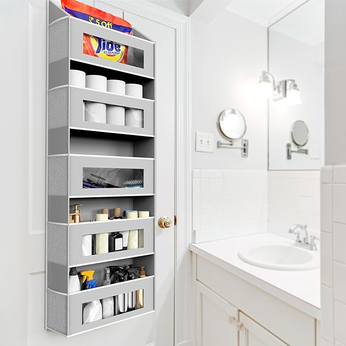 Simple Houseware Large Heavy Duty Over the Door Organizer with 5 Clear Window Pockets, 45 lbs Capacity for Pantry, Closet, Bathroom, Gray