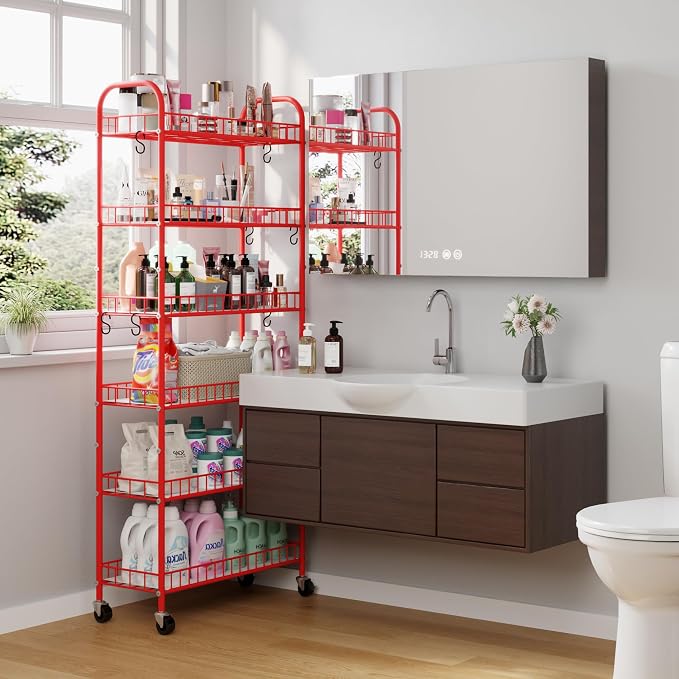 Slim Rolling Storage Cart, 6 Tier Metal Kitchen Rolling Utility Cart with Lockable Wheels for Kitchen, Bathroom, Laundry Room, Small Narrow Spaces (Red 10 Inches)