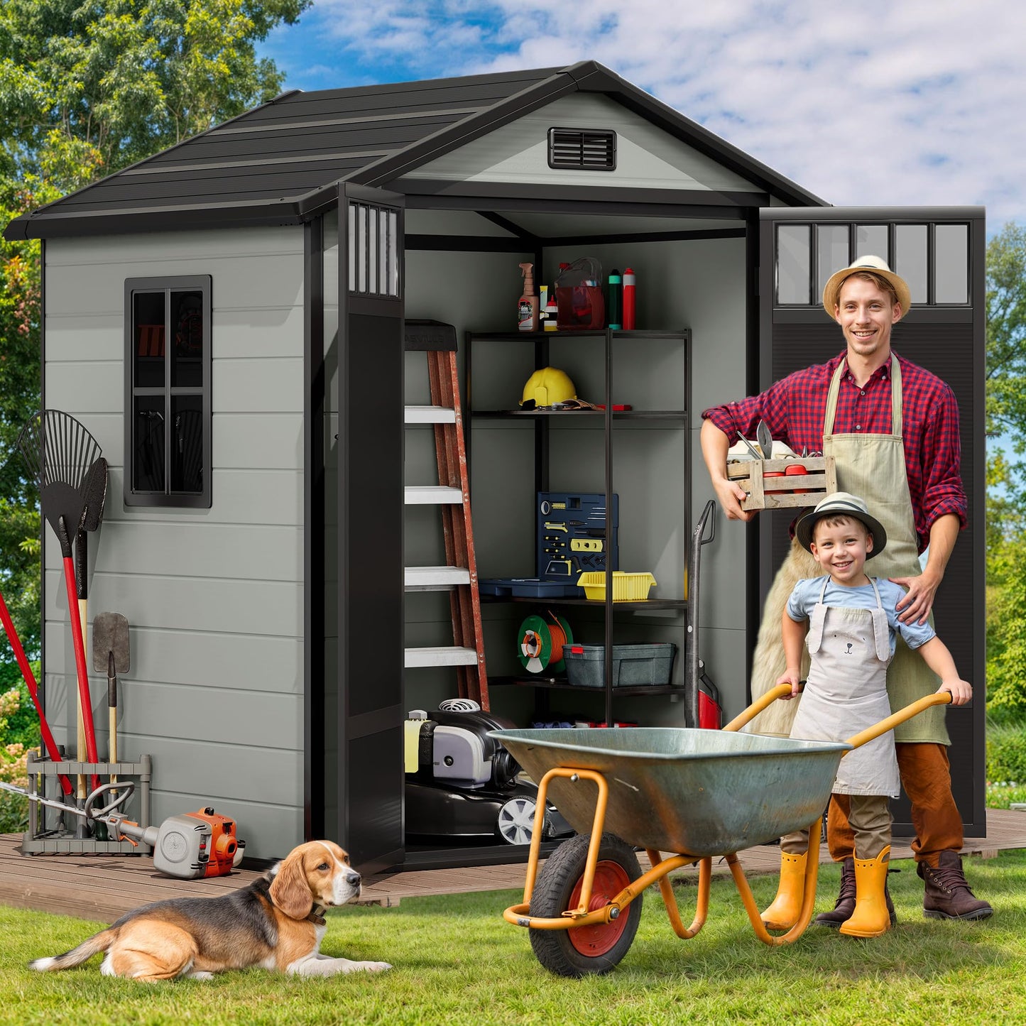 DWVO 6x4.4 FT Resin Storage Shed with Fence-Style and Side Windows, Lockable Door, and Vents Outdoor Storage Shed for Garden, Backyard, Patio, Lawn