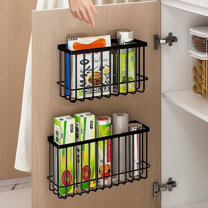 Wall Organizer Baskets, Lid Organizers Inside Cabinet with 2 Caddy Adhesive, Cabinet Door Organizer with 2 Sponges, 4 Hooks, Cabinet Door Storage for Foil Aluminum Roll, Black, 2 Pack (Small, Medium)