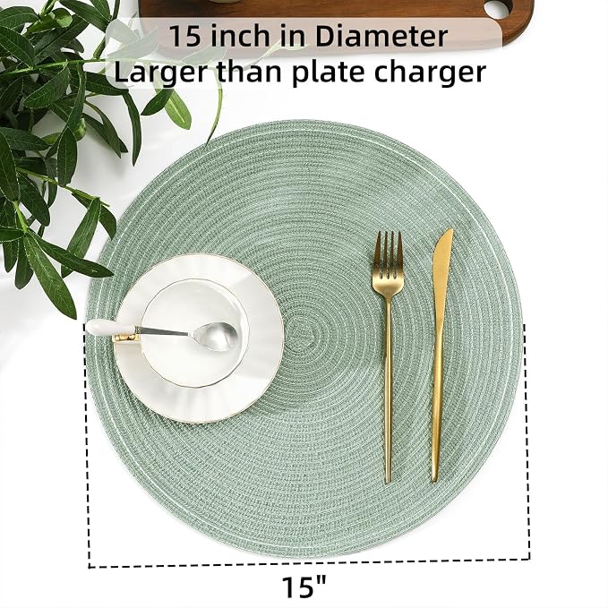 SHACOS Round Placemats Set of 8 Washable 15 inch Round Table Mats Cotton Polyester Woven Braided Place Mats for Dining Table Wedding Party Decor, Sage Green