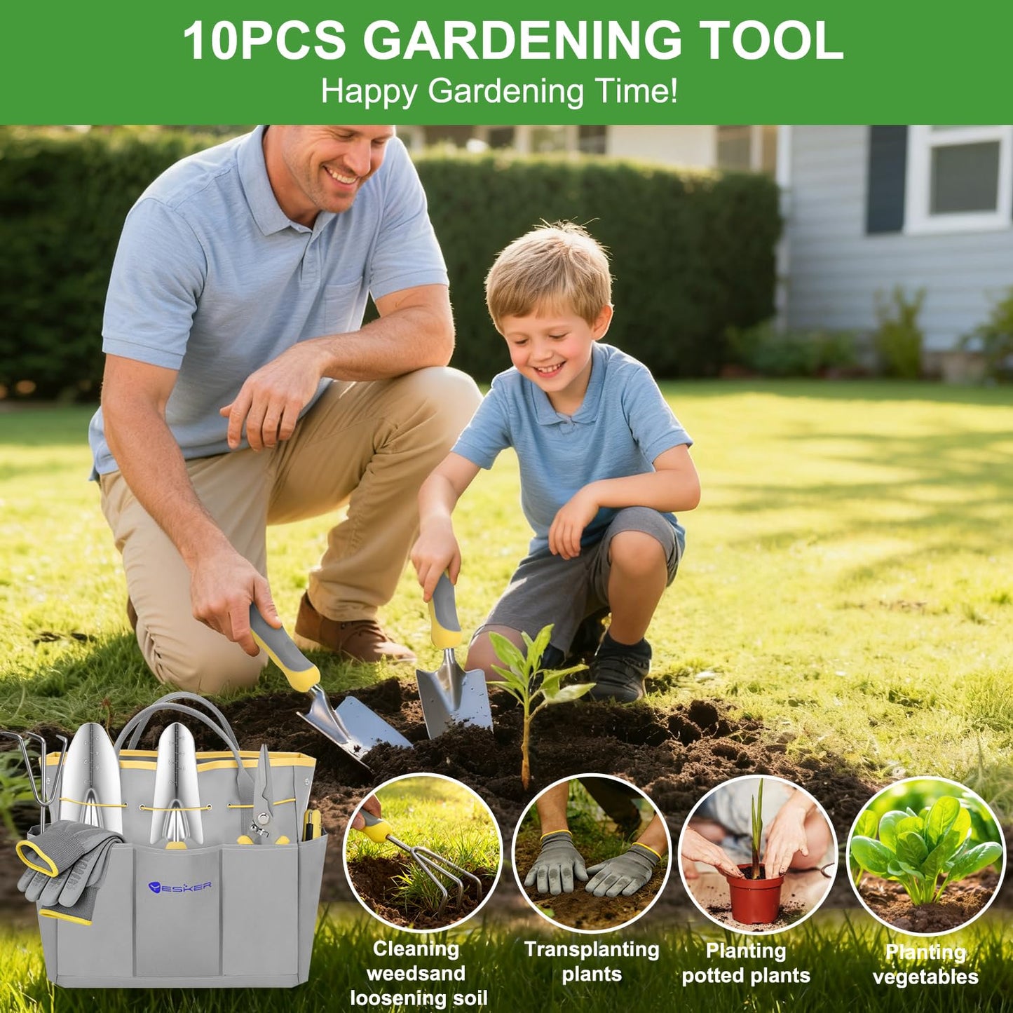 Yesker Gardening Tools 10-Piece Heavy Duty Garden Tool Set Gardening Supplies Gifts for Women Men Gardening Hand Tool Kit w Non-Slip Ergonomic Handle, Garden Bag, Durable Gloves, Pruning Shears, Gray