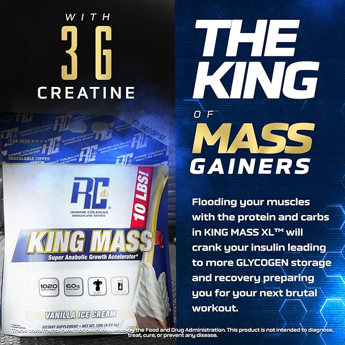 Ronnie Coleman Signature Series King Mass XL Mass Gainer Protein Powder ??Vanilla Ice Cream Weight Gainer with 60g Protein, 180g Carbohydrates, 1,000+ Calories, Creatine & Glutamine ??10 Pound
