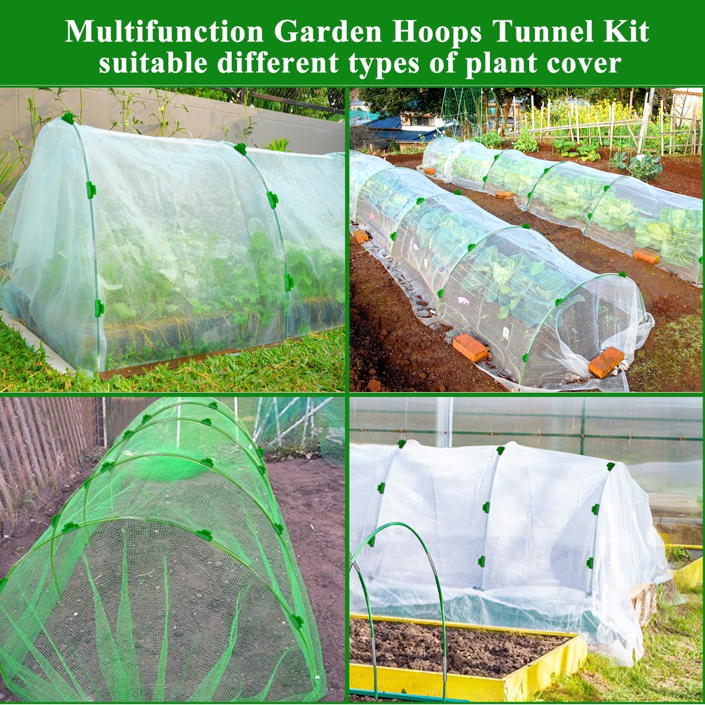 WYRJXYB 60Pcs Greenhouse Hoops Grow Tunnel Wide, 8FT Rust-Free Fiberglass Support Garden Hoops Kit for Raised Beds Plant Cloth Row Cover Netting-DIY Plant Support Garden Hoop for Netting-40Pcs Clips