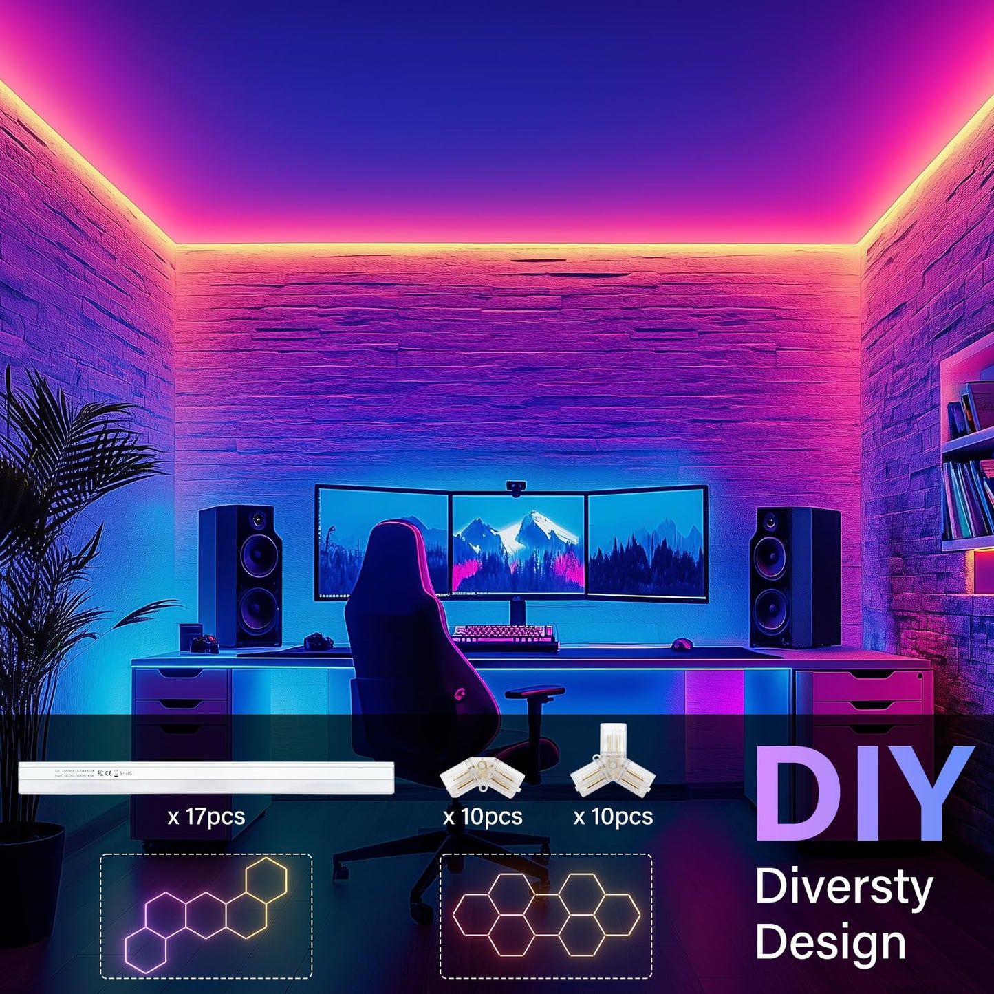 ALLYES Hexagon RGB Lights - Smart RGB LED Wall Lights with Music Sync, DIY Dimmable for Gaming Room, TV, Bedroom, Bar, Gym