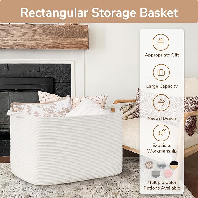 Goodpick 105L Extra Large Blanket Basket 25" x 16" x 16" Cotton Rope Storage Bins for Dirty Clothes, Rectangle Woven Baskets for Living Room Home Decor, Toy Baskets Storage Kids, White