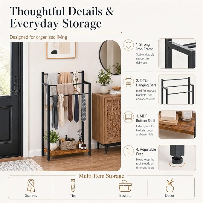 Freestanding Towel Rack, 3 Tier Blanket Ladder Stand with Rustic Brown Wooden Shelf for Bathroom Living Room (31.5" H x 16.9" W x7.9 D)