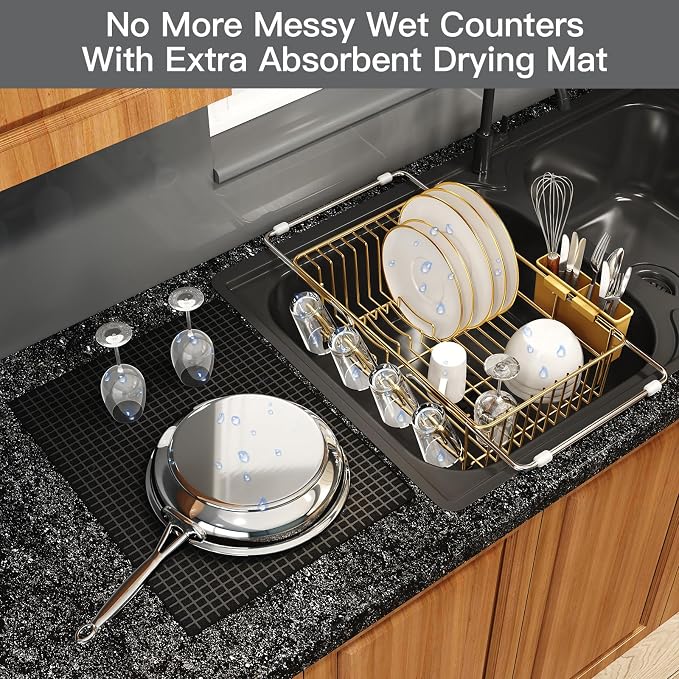 MAJALiS Gold Dish Drying Rack Over The Sink with Utensil Holder, Mat | Expandable Stainless Steel Dish Drainer for Small Kitchen, Apartment, RV, Counter Space Saving, Perfect Fit, Rustproof