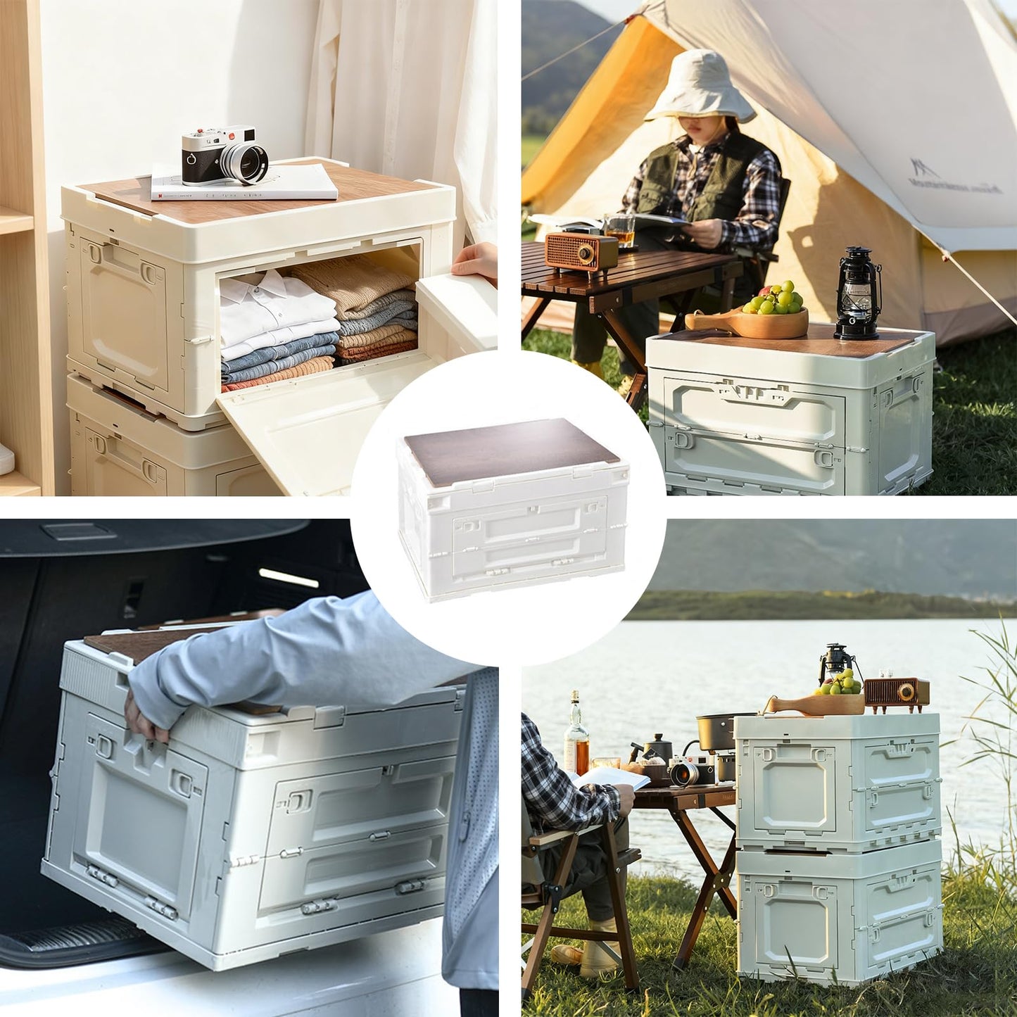 CTESNE 【5-Side Opening】60L Storage Bins with Lids，Portable Foldable Storage Box ，Plastic Stackable Storage Bin for Camp Fishing Car RV,Office (White)