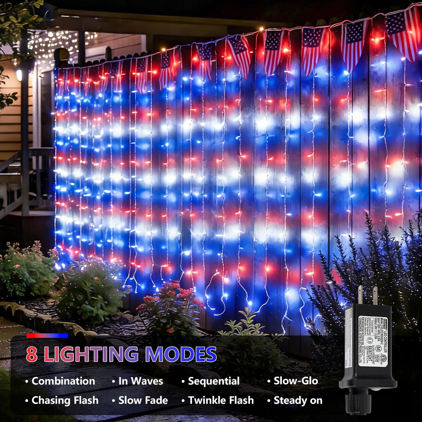 YEGUO 300 LED Red White and Blue Lights, 4th of July Lights Plug in, Patriotic Curtain Lights Hanging String Lights for Bedroom Wall Window Backdrop Indoor Outdoor Independence Memorial Day-9.8x9.8ft