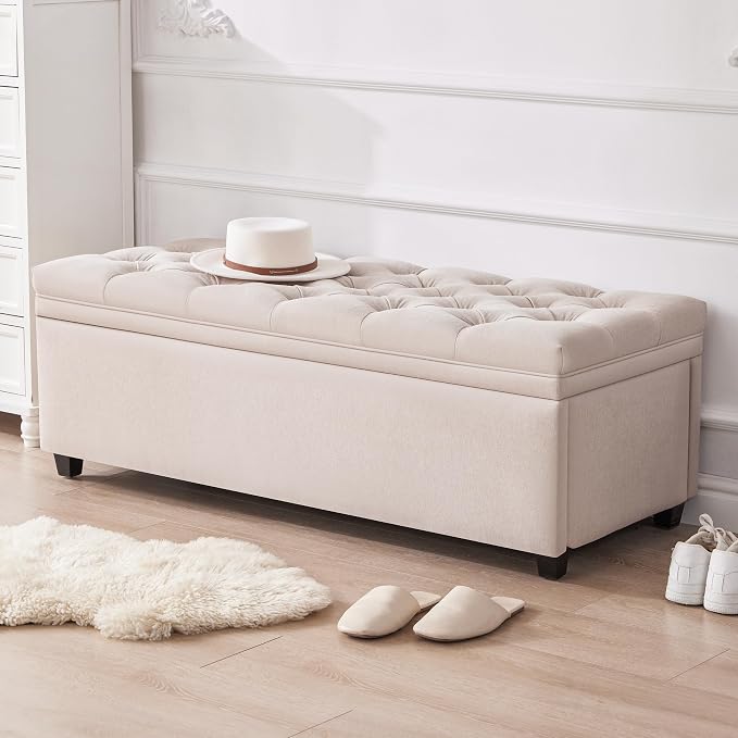 Mangodan 50" Storage Ottoman Bench, Tufted Ottoman with Storage for Living Room, Large End of Bed Ottomans, Modern Entryway Benchs, Window & Bedroom Benches for Foot of Bed (Beige)